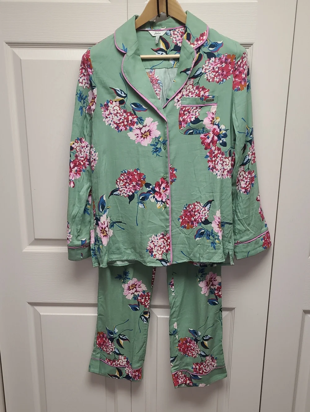 Joules Sleeptight Light Greenflo Cotton Green Mint Floral Pajama Set w/Pink Trim
